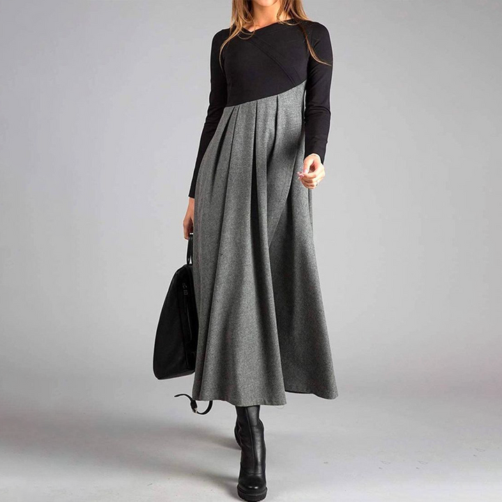 Lucia | Grey Long Sleeve Color Block Maxi Dress