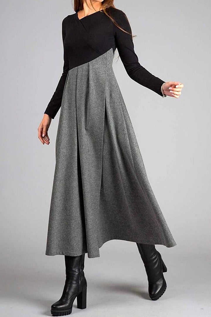 Lucia | Grey Long Sleeve Color Block Maxi Dress