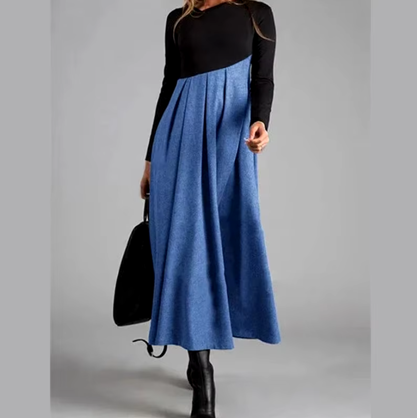 Lucia | Grey Long Sleeve Color Block Maxi Dress